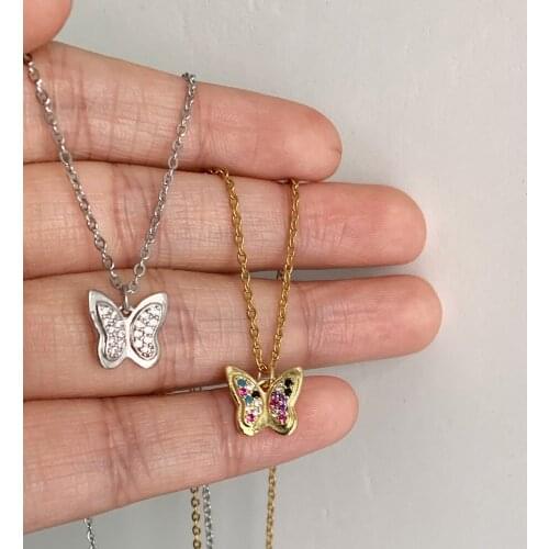 Simple Cute Micro Pave CZ Small Butterfly Pendant Necklace Elegant Gold Color Stainless Steel Chain Charm Necklaces