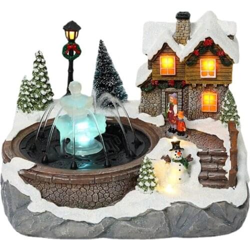 Christmas Village Scene Ornament Colorful LED Lighted Resin Snow House Music Water Fountain Animated Statues Figurine