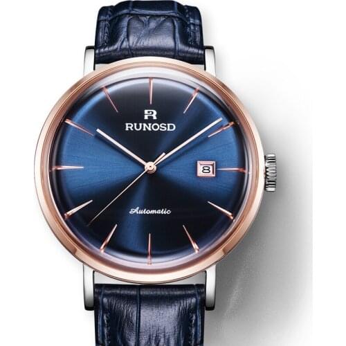 RUNOSD Mens Watch Fashion Curved Crystal Miyota Automatic Mechanical Movement Stainless Steel Dial Dial Cowhide Strap 8323G
