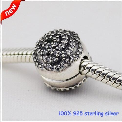 Fits Pandora Bracelets Rose Clips Silver Beads with cubic zirconia Summer Style 925 Sterling Silver Charms DIY Wholesale