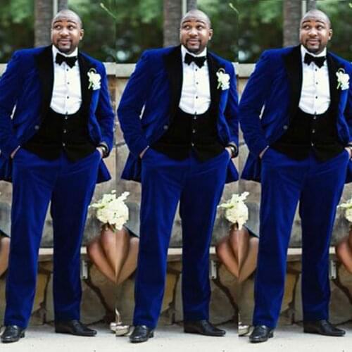 Royal Blue Velvet Smoking Jacket Black Lapel and Vest Men Suits for Wedding Slim Fit Man Blazer Tuxedos Terno Masculino Groom