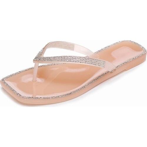 Rhinestone Square Toe Transparent Jelly Women Sandals Flip Flop Summer PVC Beach Open Toed Outdoor Slides Ladies EU 36-41 PW159