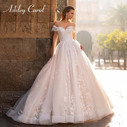 Ashley Carol A-Line Wedding Dress 2021 Charming Off the Shoulder Sweetheart Princess Bride Appliques Lace Up Bridal Gown