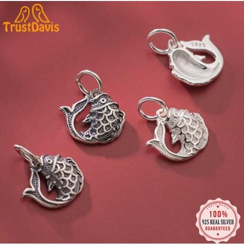 TrustDavis Real 925 Sterling Silver Fashion Sweet Hollow Carp Fish Charm Pendant Handmade DIY Accessories Jewelry Wholesale DZ95