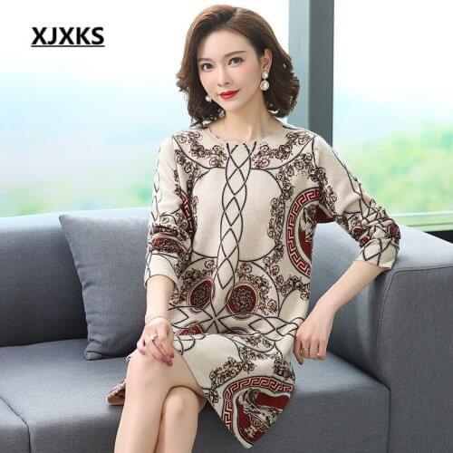 XJXKS 2020 spring new fashion printed women long sweater high-end 100% pure wool knitted dress women pullover