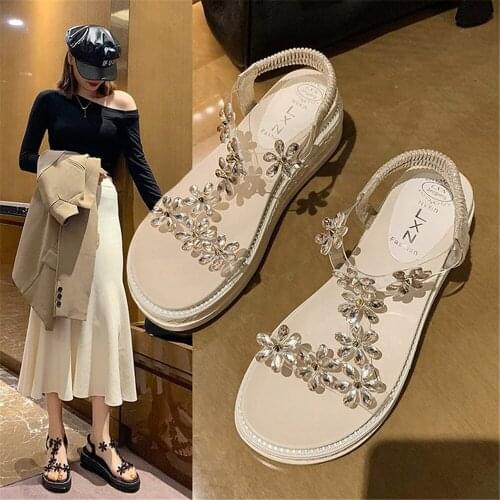 Sandals Womens Summer 2021 New Versatile Fairy Wind Slope Heel Roman High Heel Thick Bottom Muffin Shoes Black Beige Eu 35-40