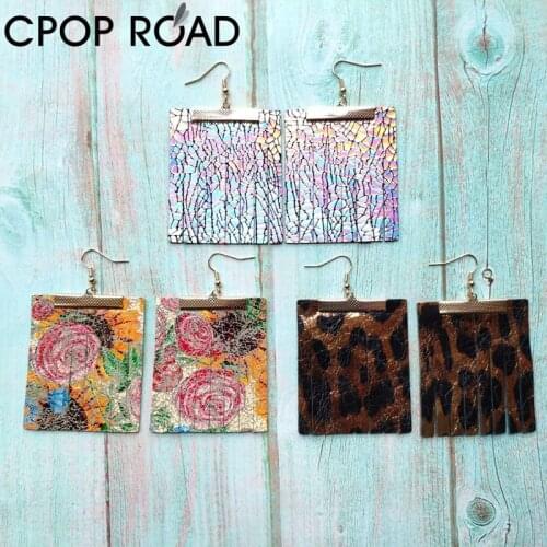 Cpop Geometric Tassel Leather Earrings for Women Cowhide Glitter Sunflower Printing Leather Earring Animal Print Vintage Jewelry