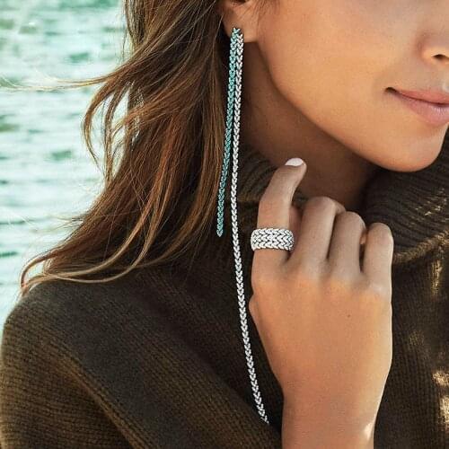 SLJELY Fashion 23cm Long 925 Sterling Silver Navy Blue White 3 Colors Zircon Wheat Heart Shaped Single Drop Earring for Women