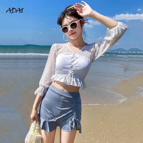 Womens Swimwear Summer Suit Bathing Suits 2021 High Waisted Bikini Set Two Piece Swimsuit with Skirt Ruffles Sleeves Beachwear