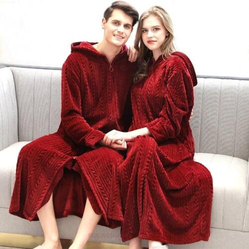 Women Winter Plus Size Long Warm Flannel Bathrobe Bride Cozy Hooded Bath Robe Pregnant Zipper Night Dressing Gown Men Sleepwear