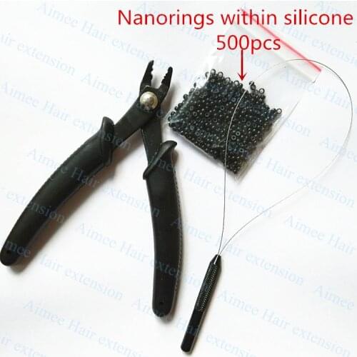 500pcs Silicone Nano rings+1pcs Nano plier+1 pcs NanoRings hook needle for NanoRings hair extension tool kits