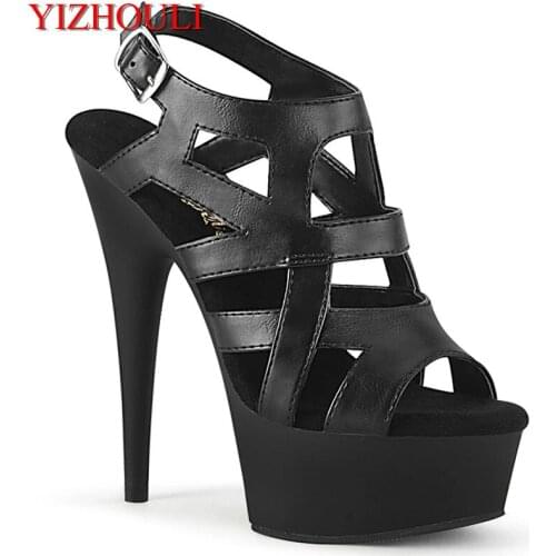Matte black 6 inches, sexy pole dancing shoes, hollow 15 cm heels, summer party heels sandals