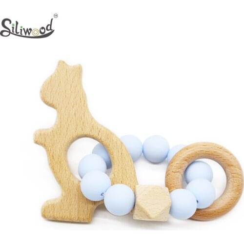 Baby Rattle Toys Silicone Mobile To Bed Wooden Teether Ring Soft Teething Animals Children Bracelets Cute Safe Jewelry Babies