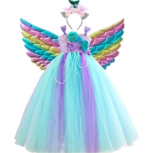 Girls Unicorn Tutu Dress Rainbow Princess Kids Party Long Dress Children Christmas Halloween Cosplay Costume With Headband Wings