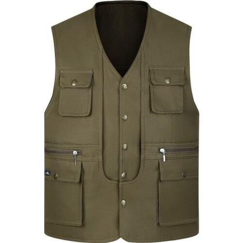 Middle aged elderly men vest autumn many pocket dad wear solid color waistcoat Cotton Soft Sleeveless Jacket fishing Coats
