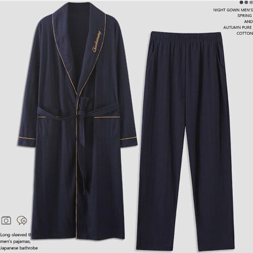 Spring Autumn 100% Cotton Robe Sets Men Pajama Fashion Male Letters Embroidery Bathrobe Plus Size 4XL + Elastic Waist Long Pants
