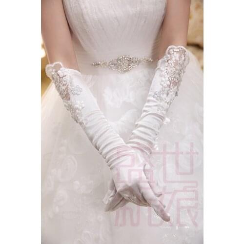 New Arrival Ivory Elbow Length Beaded Fingerless Lace Appliqued Bridal Gloves Long Wedding Gloves 2015 MD880