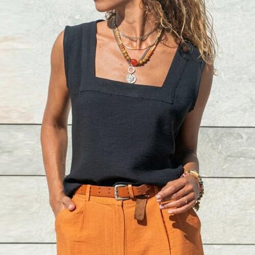 Solid Sleeveless Retro Square Collar Loose T Shirts Brand Fashion Office Lady Casual Tshirt Plus Size Summer Tops American Style