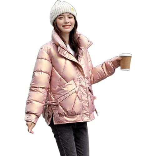 Women Winter Stand Collar Windproof Big Pocket Side Tie Short Glossy Coat Puffer Jacket Cotton Padded Parkas Outwear Overcoat