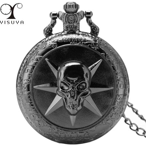Vintage Black Skull Display Quartz Pocket Watch Exquisite Pendant Clock Gifts Men Women Arabic Numerals Analog Round Dial Clock