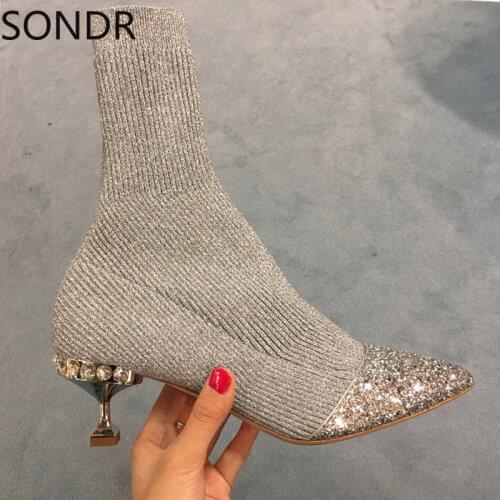 Womens Sequins Rhinestones Crystal Diamond Stitching Knitting Yarn Ankle Boots Shoes Pointed Toe Stilettos Heel 2Colors C377