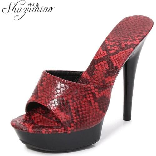 SHUZUMIAO Fashion Women Slippers Sexy Snake Print High Heel Platform Slippers 13/15CM Open Toe Slip On Sandals Shoes 2021