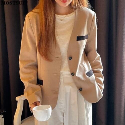 Korean Stylish Women Blazer Coat 2021 Autumn Full Sleeve V-neck Single-breasted Suit Jacket Casual Workwear Ladies Suit Tops