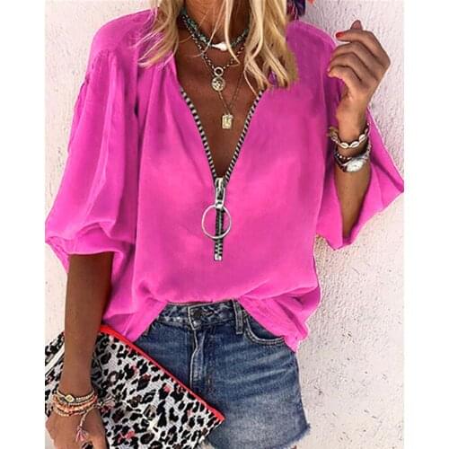 2021 Women Plus Size Lantern Sleeve Zipper Design Casual Top