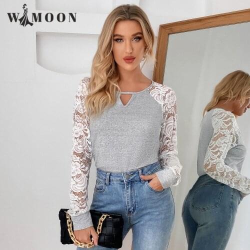 2021 Autumn and Winter New Casual Hollow Lace Sleeves Round Neck Womens Top Long Sleeves Elegance Leisure Woman Tshirts