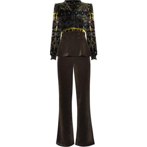 New HIGH QUALITY 2021 Designer Runway Suit Set Womens V-Neck Lantern Long Sleeve Velvet Printed Jacket Fashion Suit