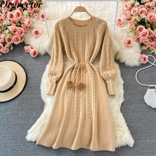 Fall Winter New Retro Knee-length Loose Sweater Dress for Women Twist O-neck Raglan Long Sleeve Hairball Lace-Up Solid Knit Dres