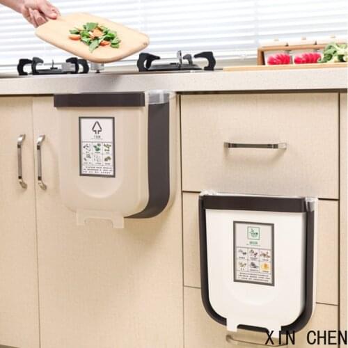 1pcs 9L Folding Waste Bin Wall Mounted Trashcan Kitchen Cabinet Door Hanging Trash Can for Bathroom Toilet Garbage Storage