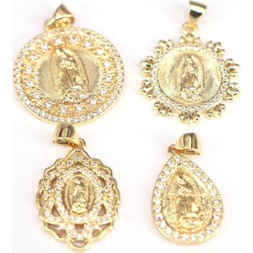 10Pcs, Gold Color Virgin Jesus Religious Jewelry Zirconia CZ Micro Pave Pendant Charm