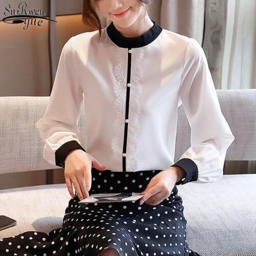 2021 Autumn New Long Sleeve O-neck Contrast Tops and Blouse Fashion Lace White Chiffon Blouse Elegant Office Ladys Tops 10666