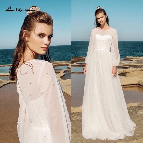 2021 Plus Size Long Sleeve Wedding Dresses Pearls Beaded Chiffon Garden Simple Bridal Gowns vestido de novia Lakshmigown