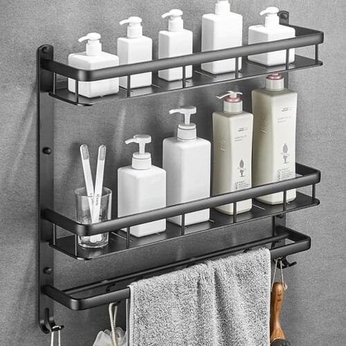 Black Bathroom Shelves Double Layer Bath Corner Shelf Shower Caddy Holder Showe Room Bath Rack with Bar Hook Bath accessories