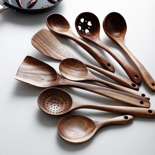 Wooden Kitchen Accessories Cooking Utensil Set Non-stick Shovel Household Spatula Rice Spoon Colander Soup Tools