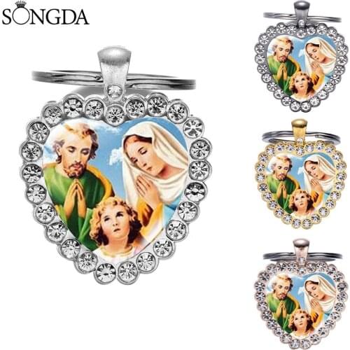 Jesus God Heart Virgin Mary Handmade Keychain Glass Cabochon Heart Pendant Heavenly Father Key Chain Gifts Religious Jewelry
