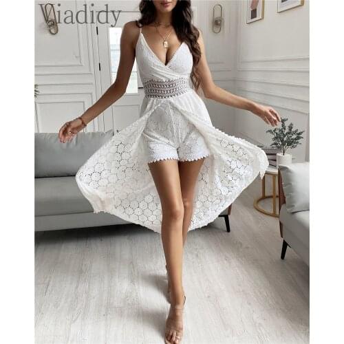 Women Crochet Lace Hollow Sleeveless Playsuit V-Neck Spaghetti Strap Irregular Romper Solid Color No Belt
