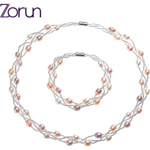 Zorun Genuine Natural Freshwater Pearl Jewelry Sets 6-7mm with Magnetic Clasp Necklace and Bracelet Sets for Women