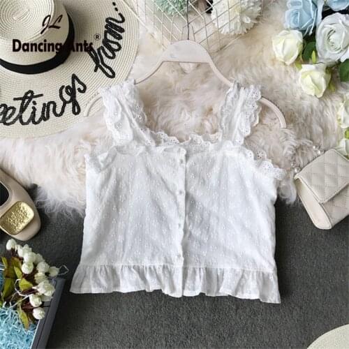 Woman Vest Sexy Strap Sleeveless Square Collar Crop Tops Korean Hollow Out Single Breasted Ruffles Short Tank Tops 2020 Summer