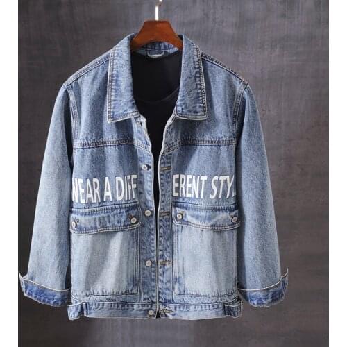 Newly Fashion Streetwear Men Jacket Vintage Blue Printed Designer Overalls Jacket Men Cotton Denim Coats Hip Hop Chaqueta Hombre