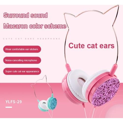 Anime Cute Sports Headset Wired Cat Ear Design Headphone Subwoofer With Mic Earphone Gift For Girls Kids For PC Mobile Phones
