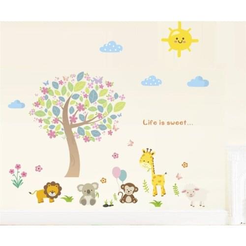 Cute Animals Colourful Tree Wall Sticker For Kindergarten Kids Room Home Decoration Cartoon Monkey Elephant Mural Art Pvc Decals