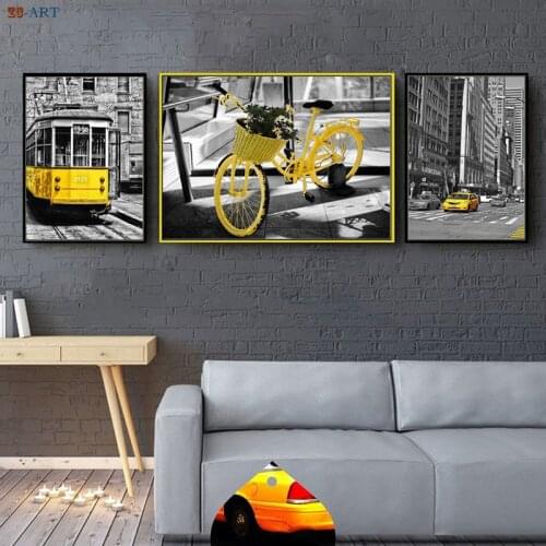 Nordic City Series Canvas Painting Yellow Vehicle City Wall Art Tram Picture Black and White Poster Taxi Bike Print Home Decor