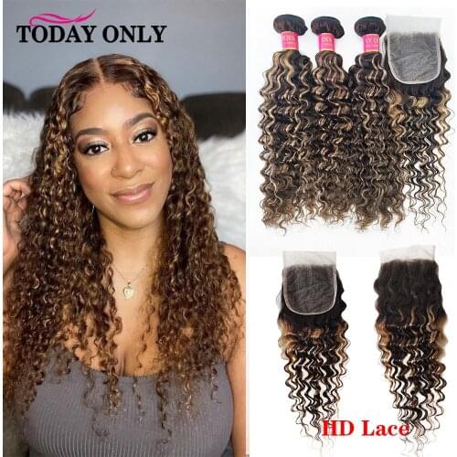 Highlight Deep Wave Bundles With Closure P4/27 Bundles With HD Transparent Lace Closure Peruvian Hair 3 Bundles With Closure