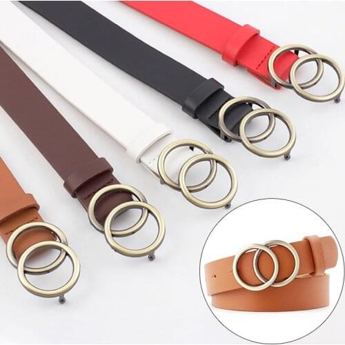 PU Leather Double Ring Belt New Fashion Female Double Round Buckle Waist Belts Women Leather Belt Ladies Jeans Belt Dress