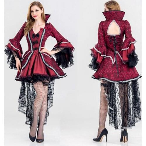 Deluxe Women Vampire Zombie Dress dark red Ghost Bride sexy lace Costumes Stylish Halloween Costume queen fancy dress