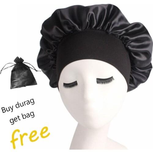 Low MOQ high quality black custom logo wide band satin bonnet for hair sleep cap