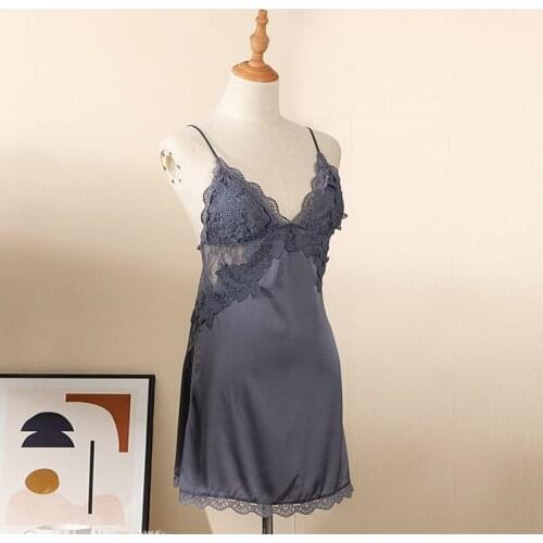 Sexy Backless Women Nightgown Lace Spaghetti Strap Nightdress Satin Sleepwear Perspective Sleep Dress Home Dressing Gown